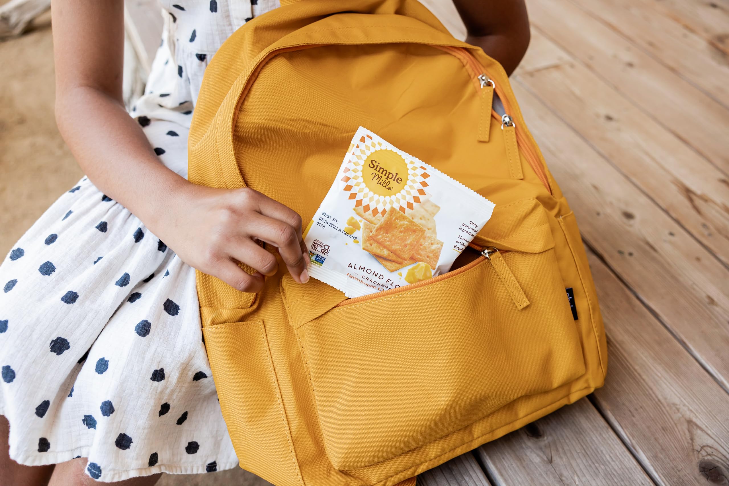 Ready-to-eat Simple Mills Farmhouse Cheddar crackers for on-the-go snacking
