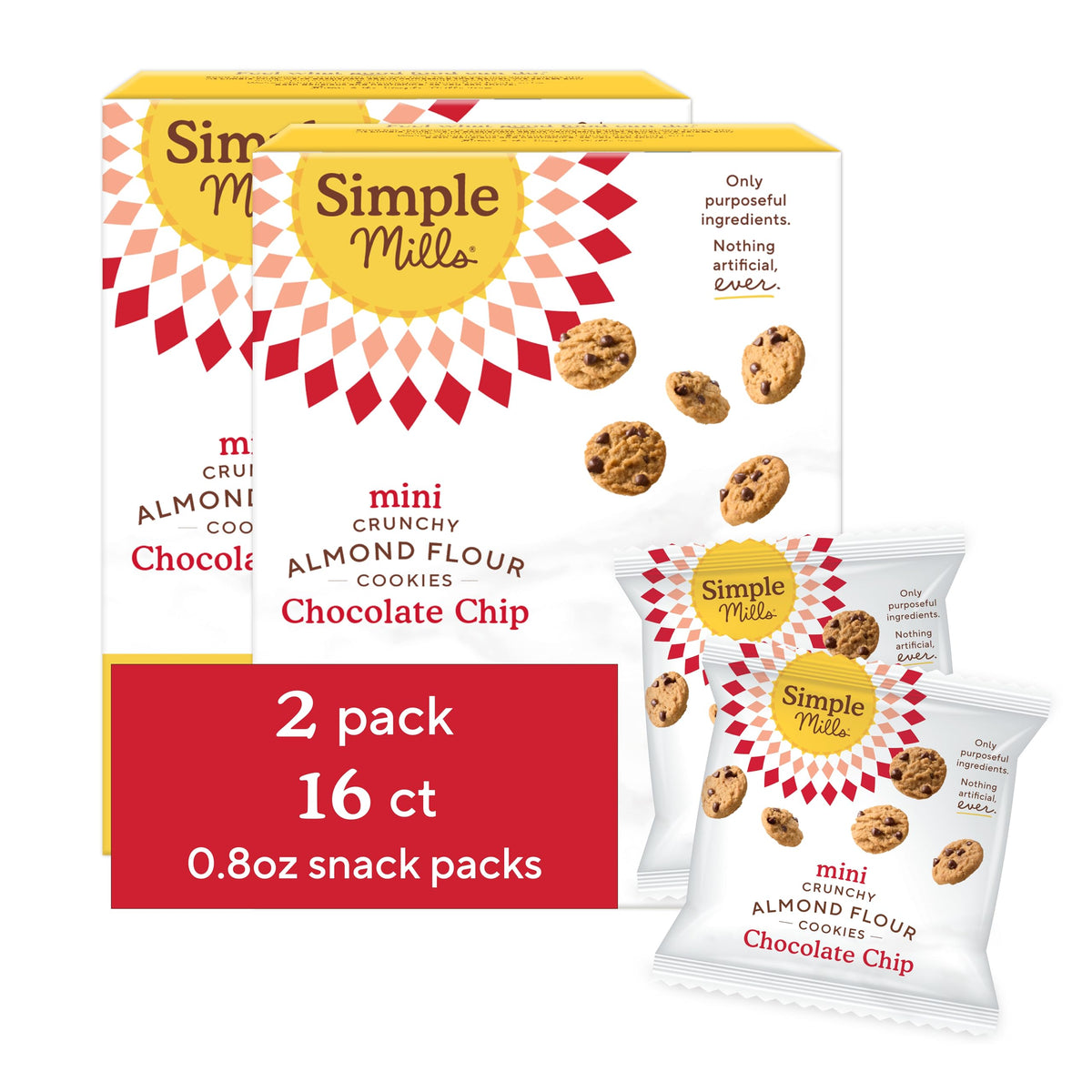 Simple Mills almond flour mini cookie snack packs box, gluten-free and kid-friendly.