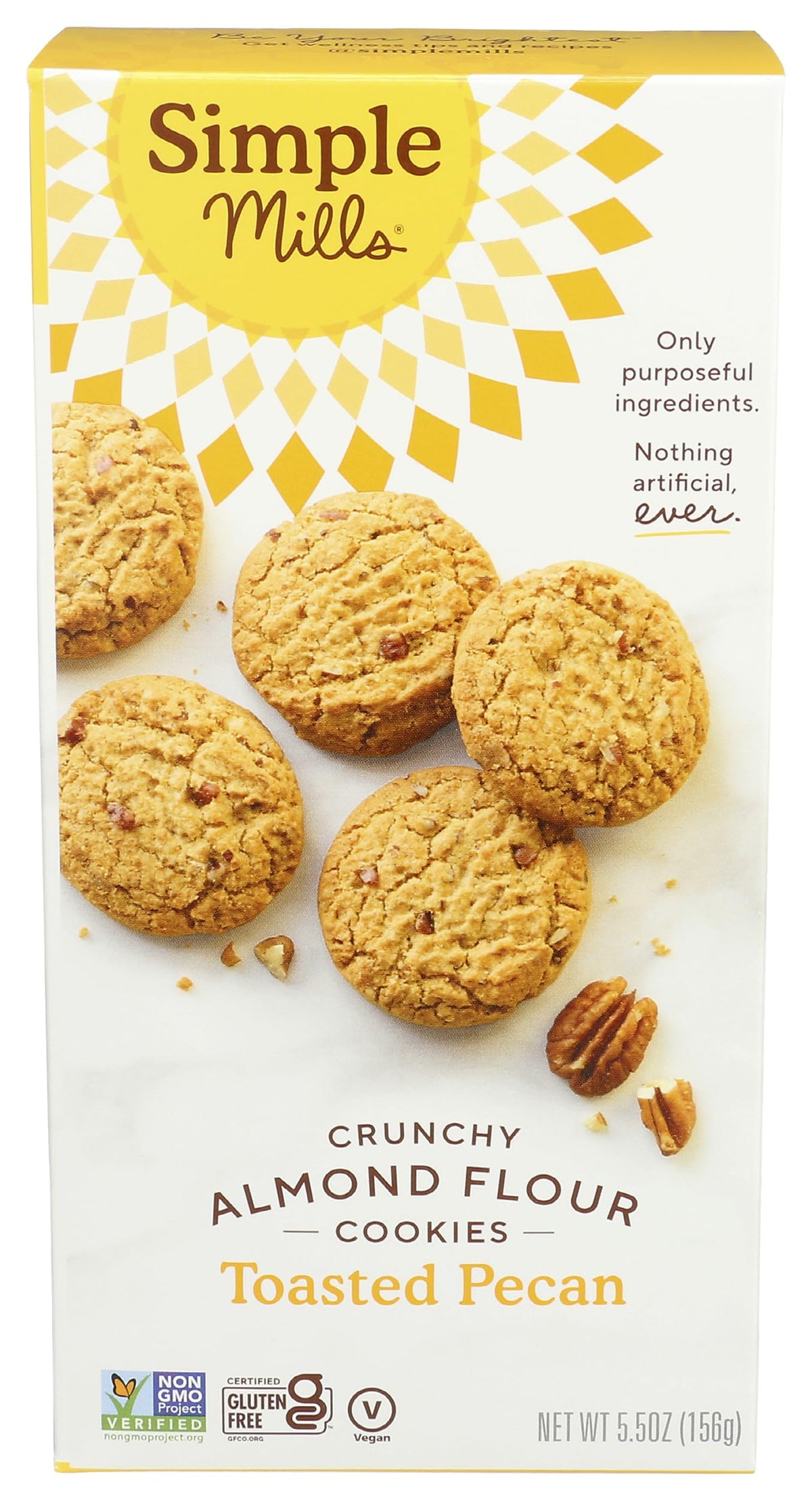 Simple Mills Almond Flour Toasted Pecan Cookies box highlights gluten-free snack option.