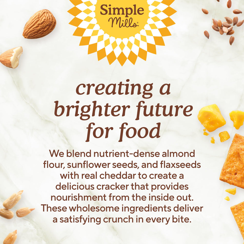 Non-GMO Project Verified seal beside Simple Mills cheddar crackers.