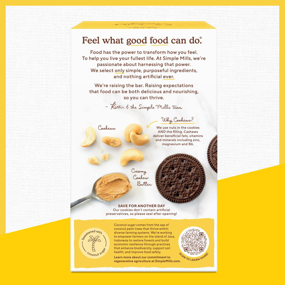 Ingredients close-up for Simple Mills Cocoa Cashew Creme Sandwich Cookies highlighting non-GMO and coconut sugar.