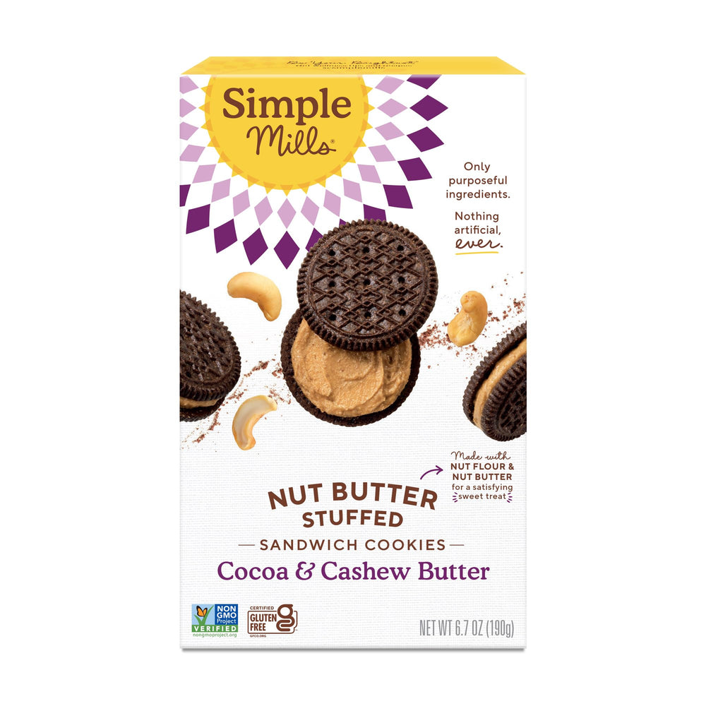 Simple Mills Cocoa Cashew Creme Sandwich Cookies pack with gluten-free vegan snack options.
