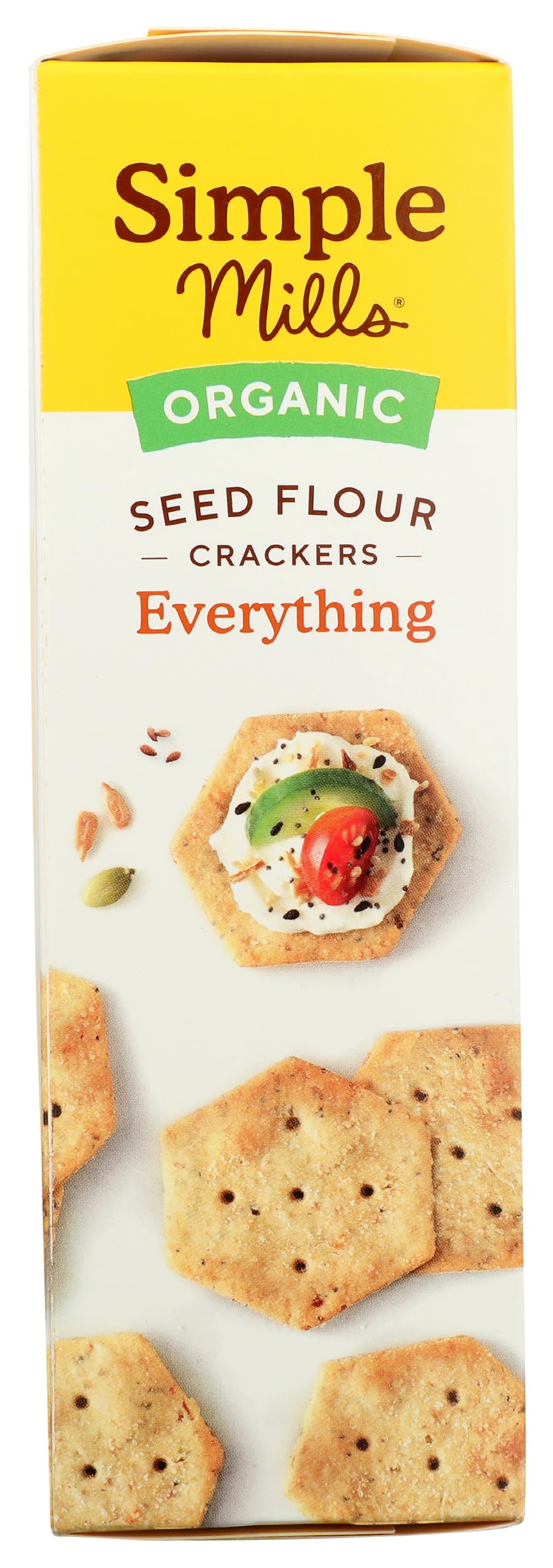 Simple Mills Everything Seed Crackers box opened revealing 4.25oz pack, pantry staple.