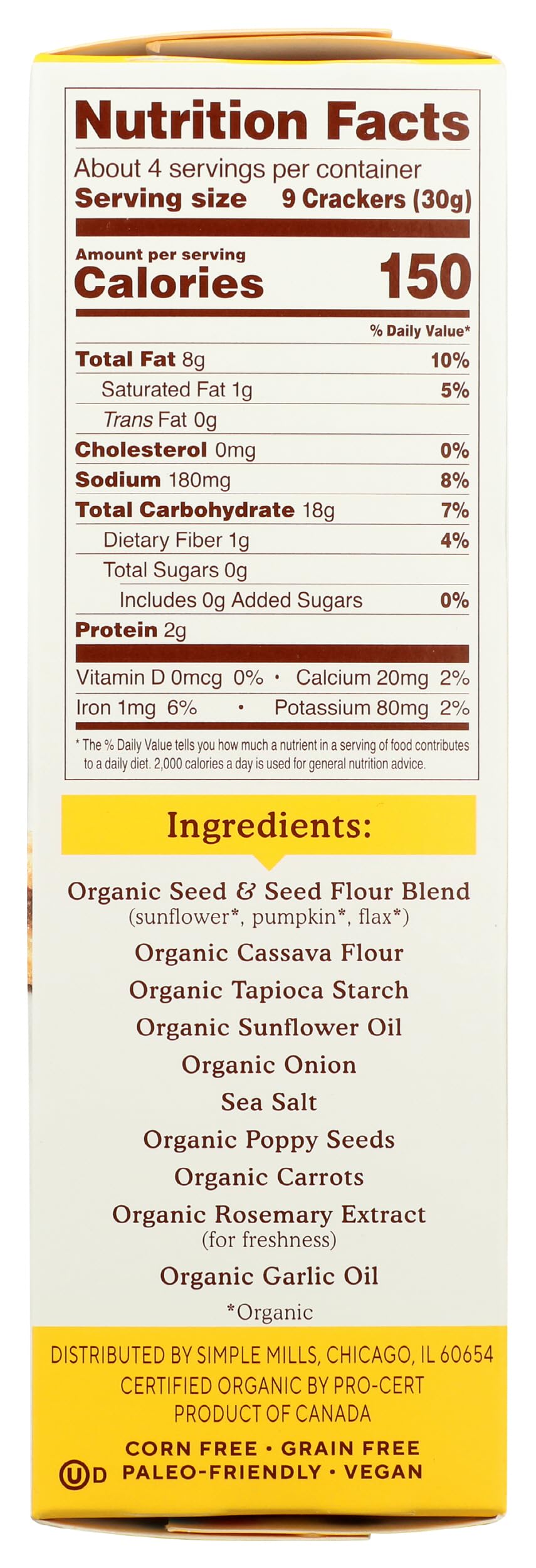 Simple Mills Everything Seed Crackers ingredients label close-up showing flax and seeds for fiber.