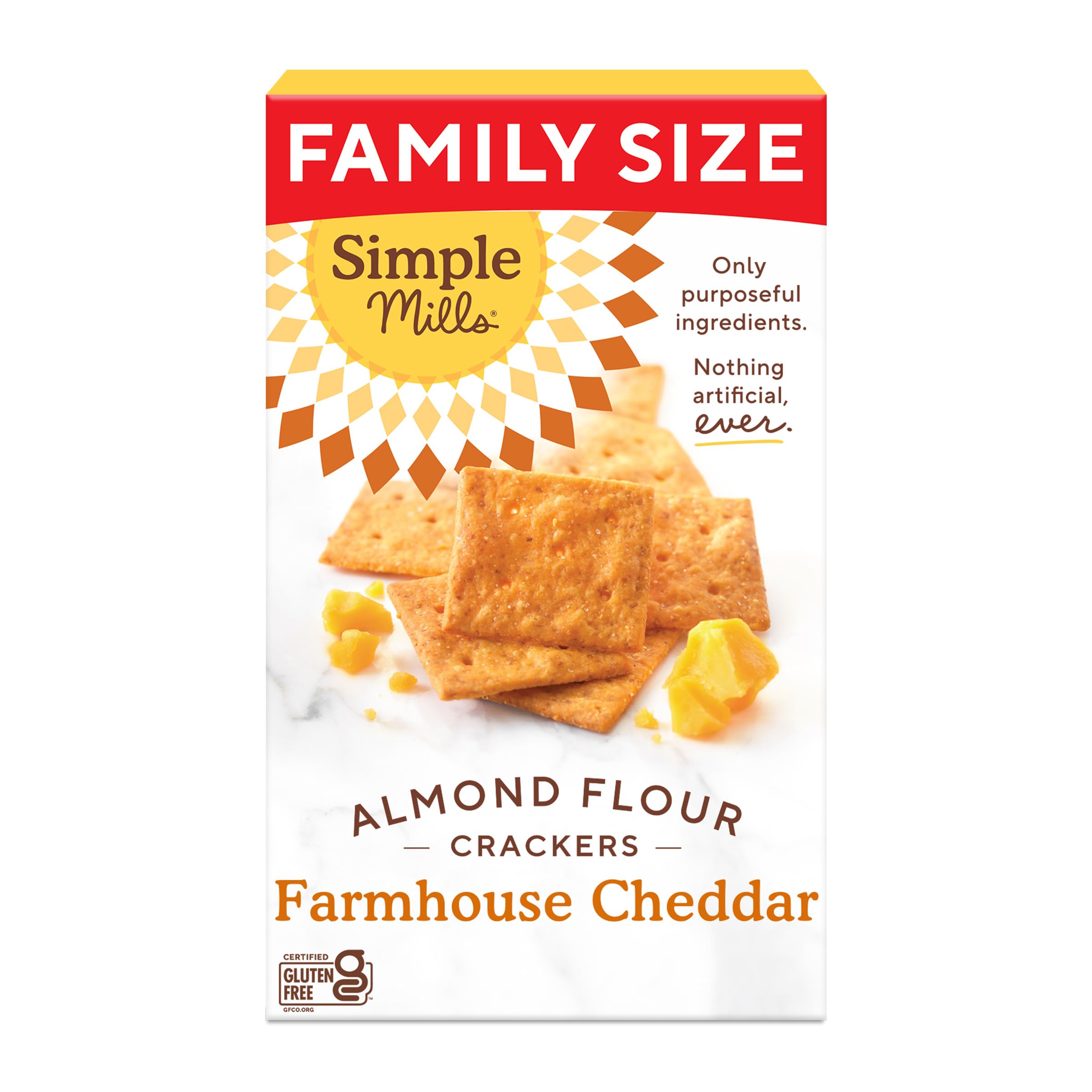 Simple Mills Farmhouse Cheddar Crackers box front showing bold cheddar flavor.