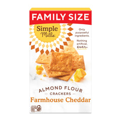 Simple Mills Farmhouse Cheddar Crackers box front showing bold cheddar flavor.