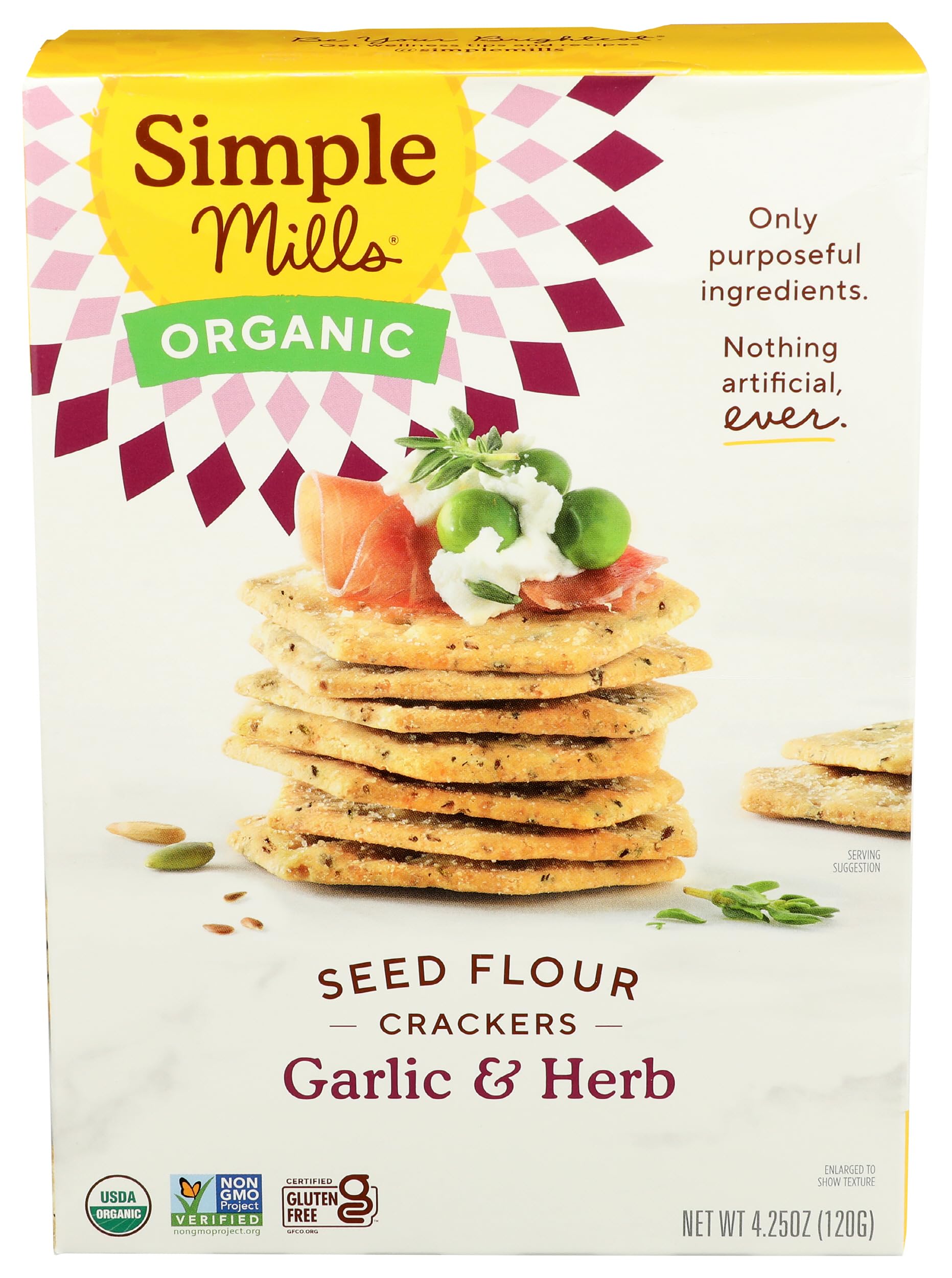 Simple Mills Garlic and Herb Organic Seed Crackers in a box, pantry-friendly gluten-free snack.