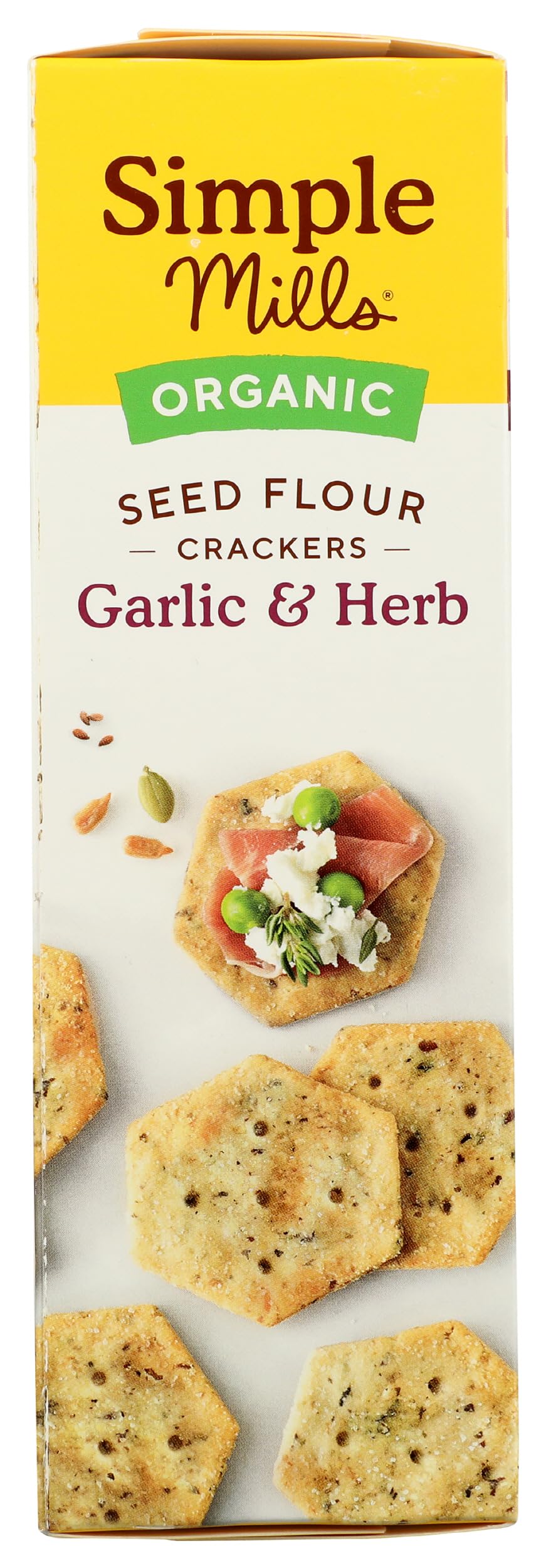 Simple Mills Garlic and Herb Seed Crackers stored in pantry as a convenient staple.