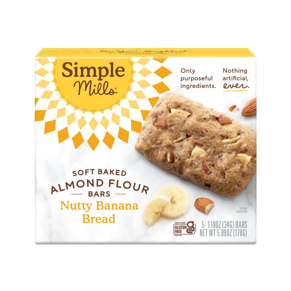 Simple Mills Nutty Banana Bread Bar box, a gluten-free, portable snack for on-the-go energy