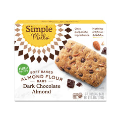 Simple Mills Soft Baked Dark Chocolate Almond Flour Bars pack shot for on-the-go gluten-free snacking.