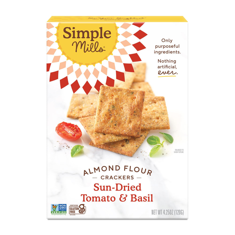 Simple Mills Sundried Tomato & Basil crackers pack for a gluten-free, energizing snack.