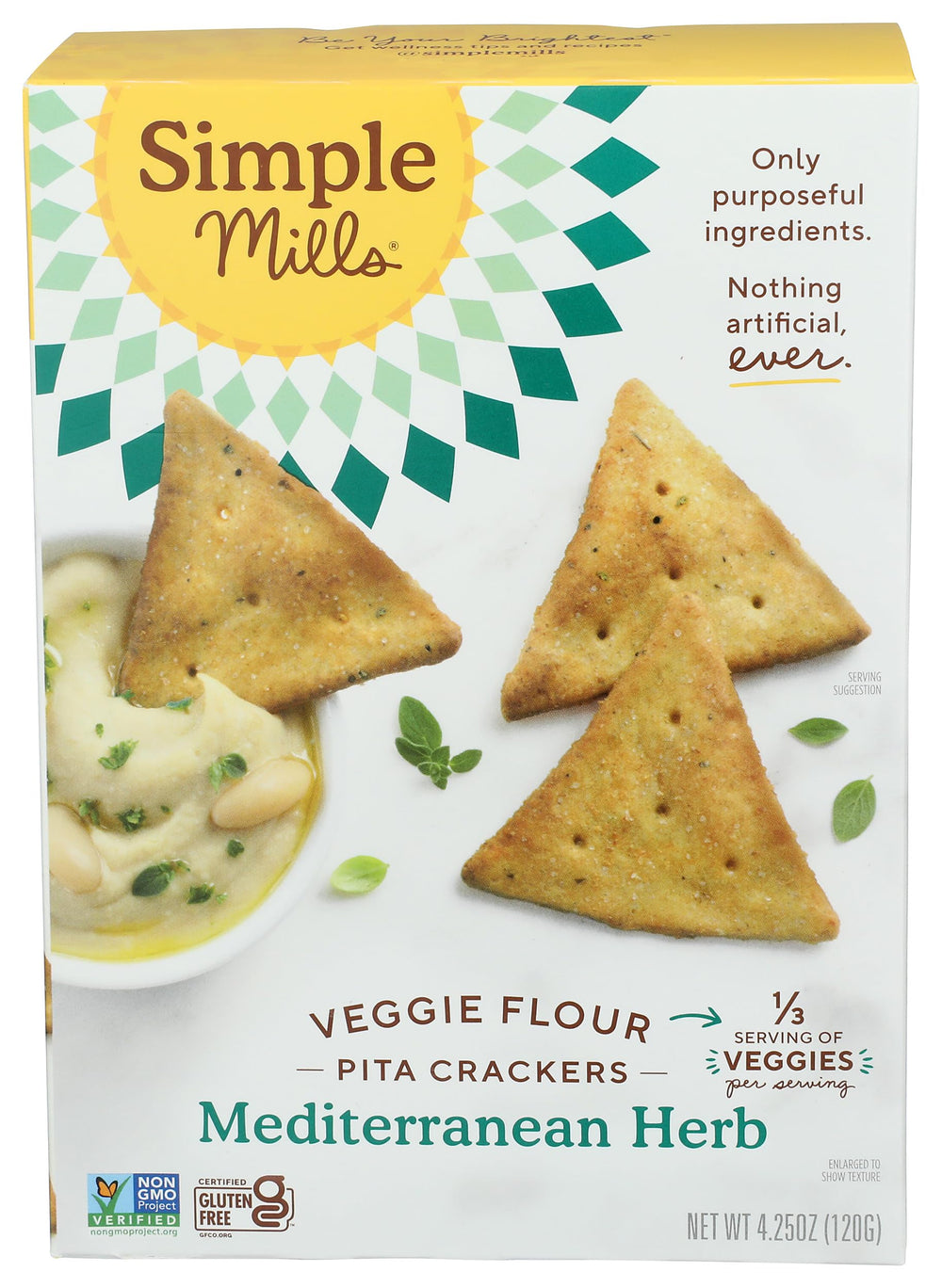 Simple Mills Veggie Pita Crackers Mediterranean Herb in package, gluten-free snack option