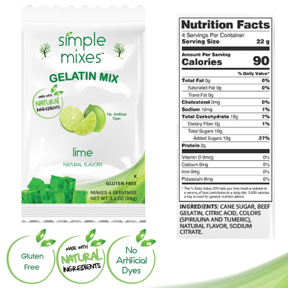 Simple Mixes lime gelatin packet featuring dye-free color for a refreshing dessert