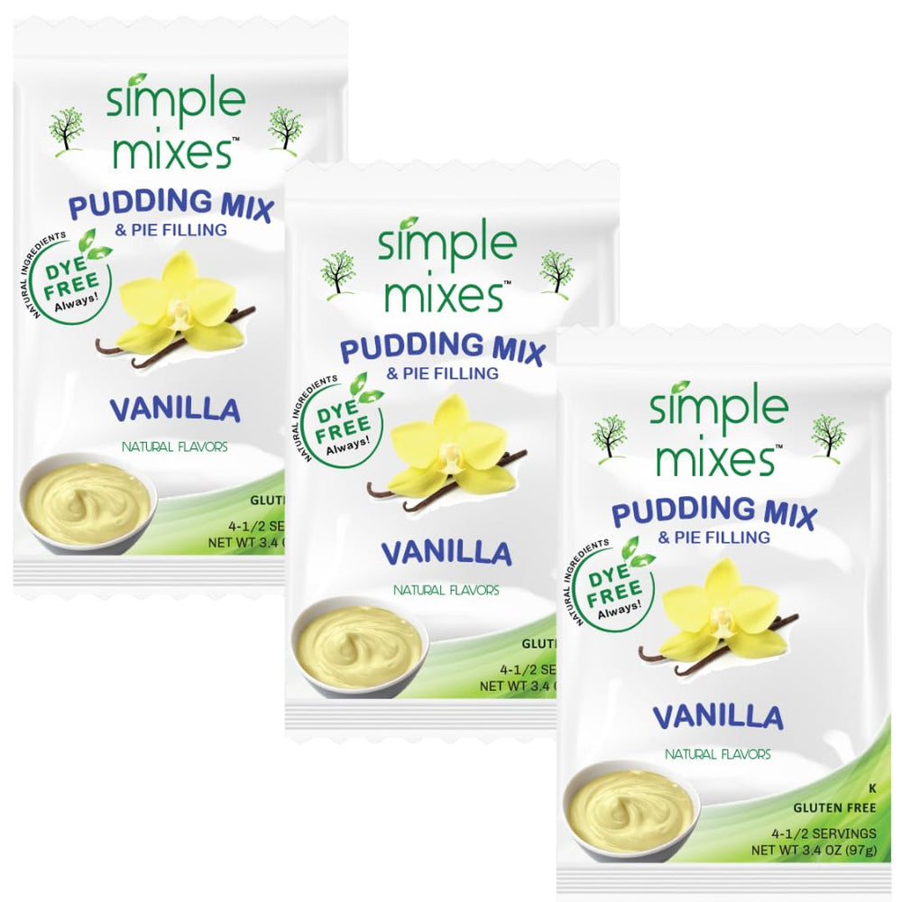 Simple Mixes Vanilla Pudding packaging highlights natural ingredients for quick dessert prep.