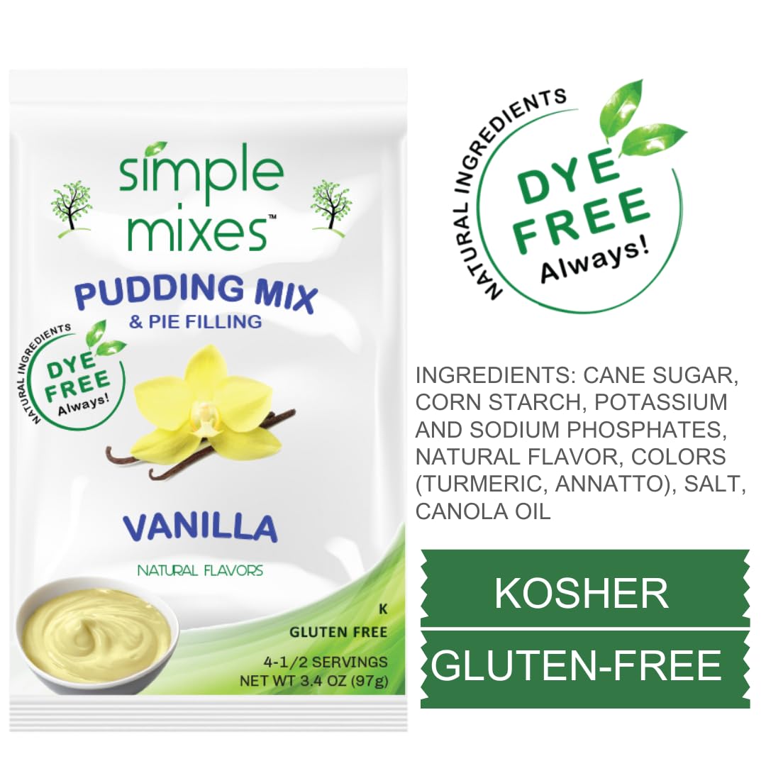 Simple Mixes Vanilla Pudding pouring into glass demonstrates fast, dairy-friendly dessert options.
