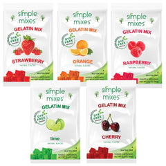 Simple Mixes strawberry gelatin dessert with vibrant color and four servings per carton.