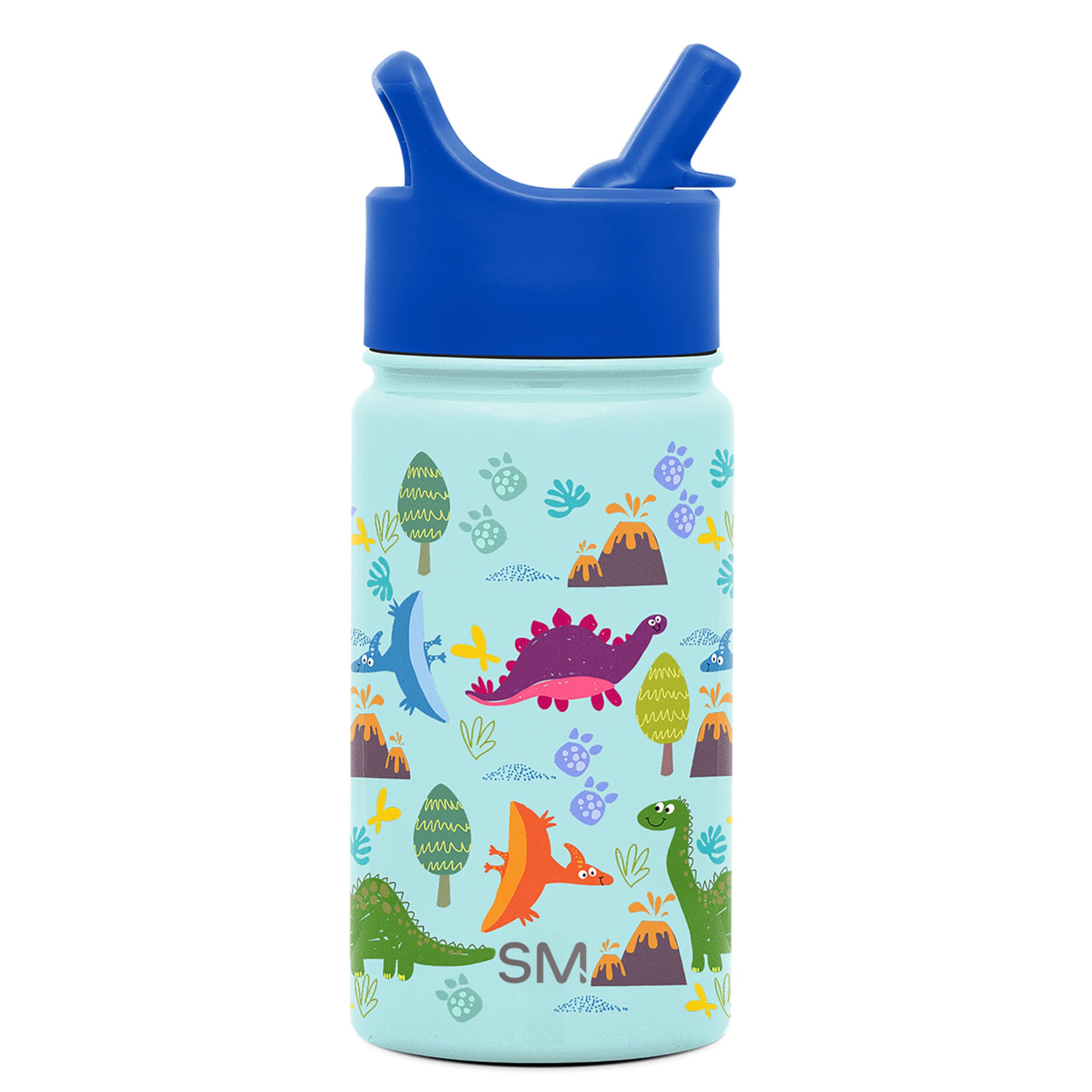 Simple Modern Kids Summit bottle with straw lid for blue-dino design keeps drinks cold for hours.
