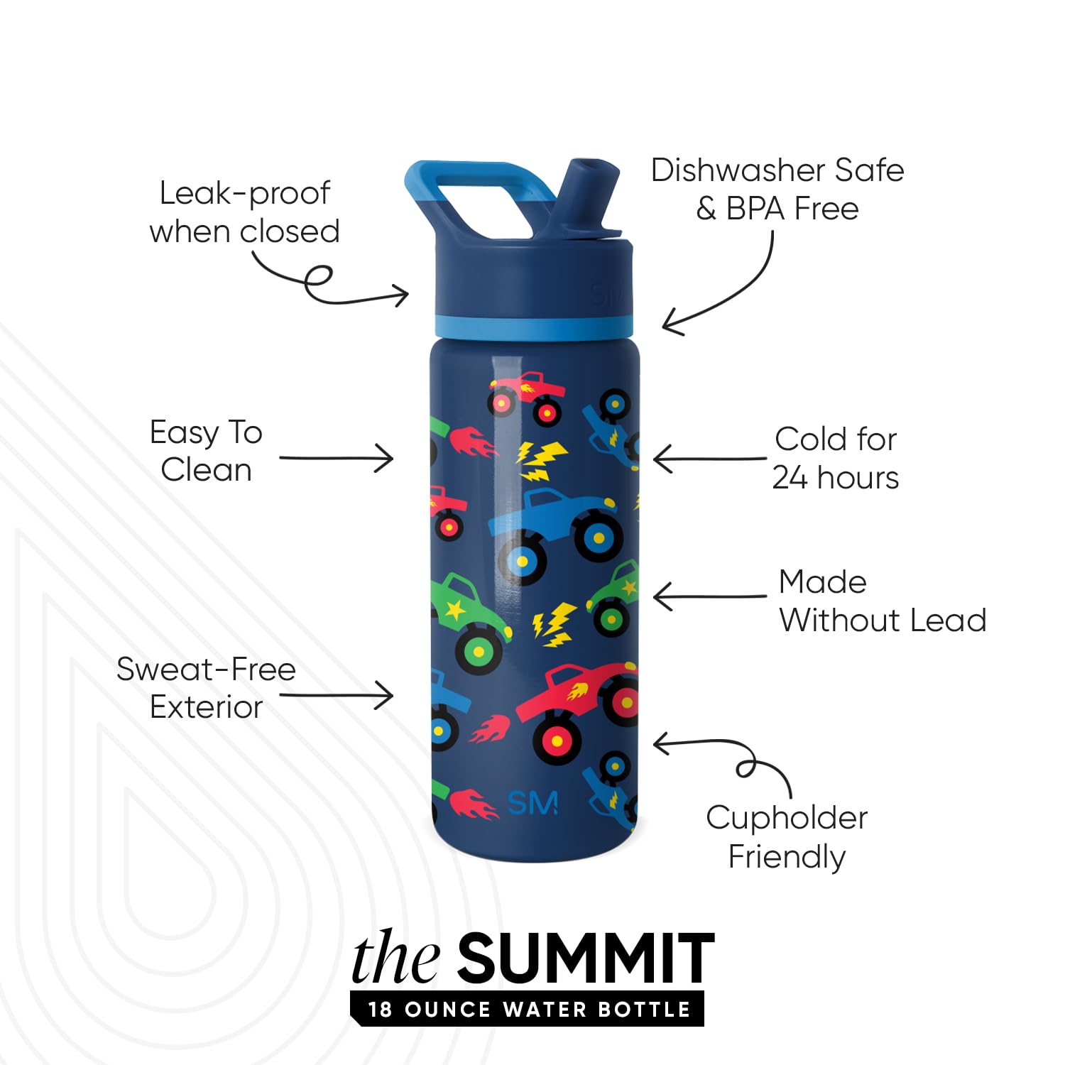 Simple Modern Summit monster-truck-design bottle with straw lid promotes playful hydration.