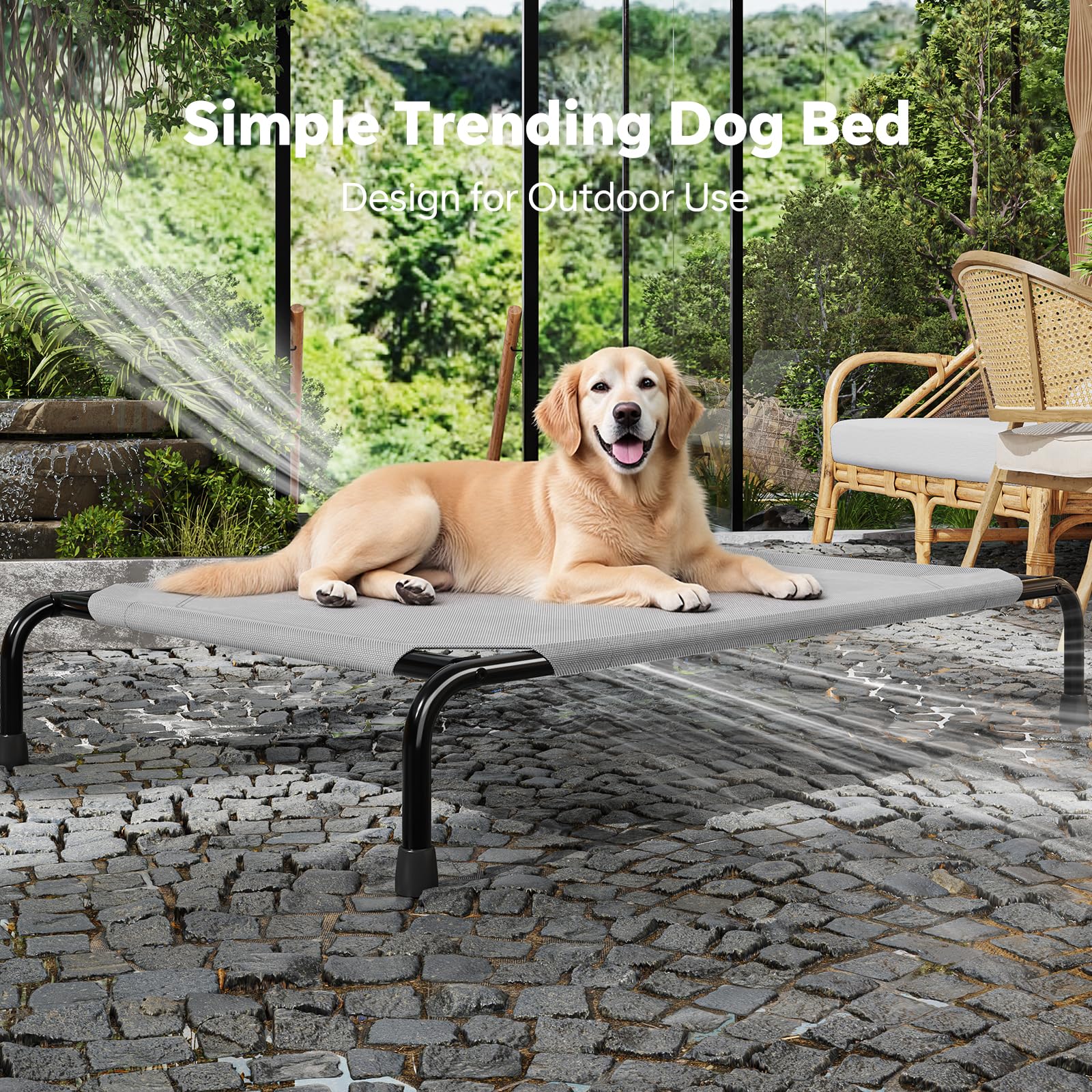 Simple Trending raised dog bed grey color in shade illustrating cooling comfort