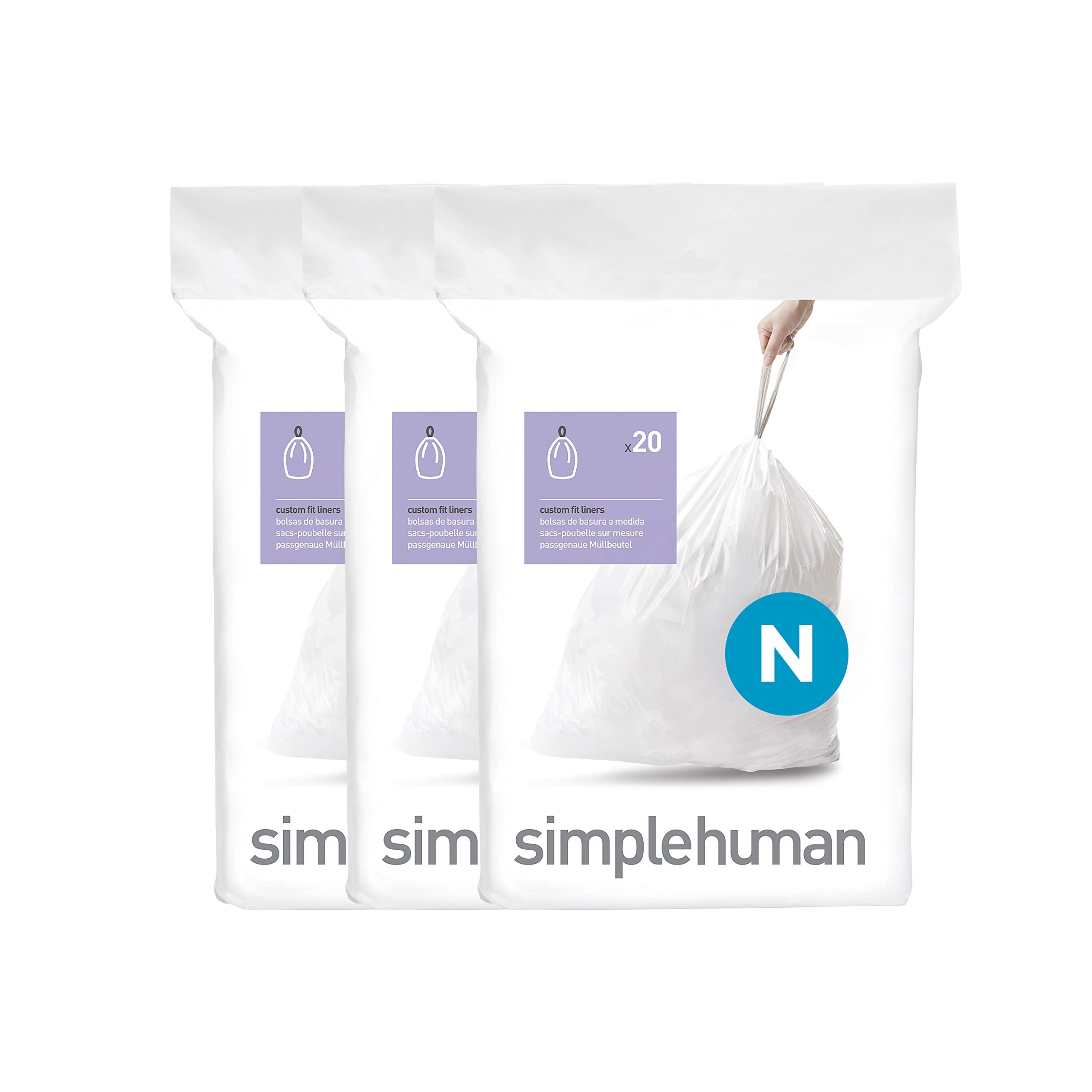 simplehuman Code N custom-fit liners securely fit 45-50L cans, reducing slips and spills.