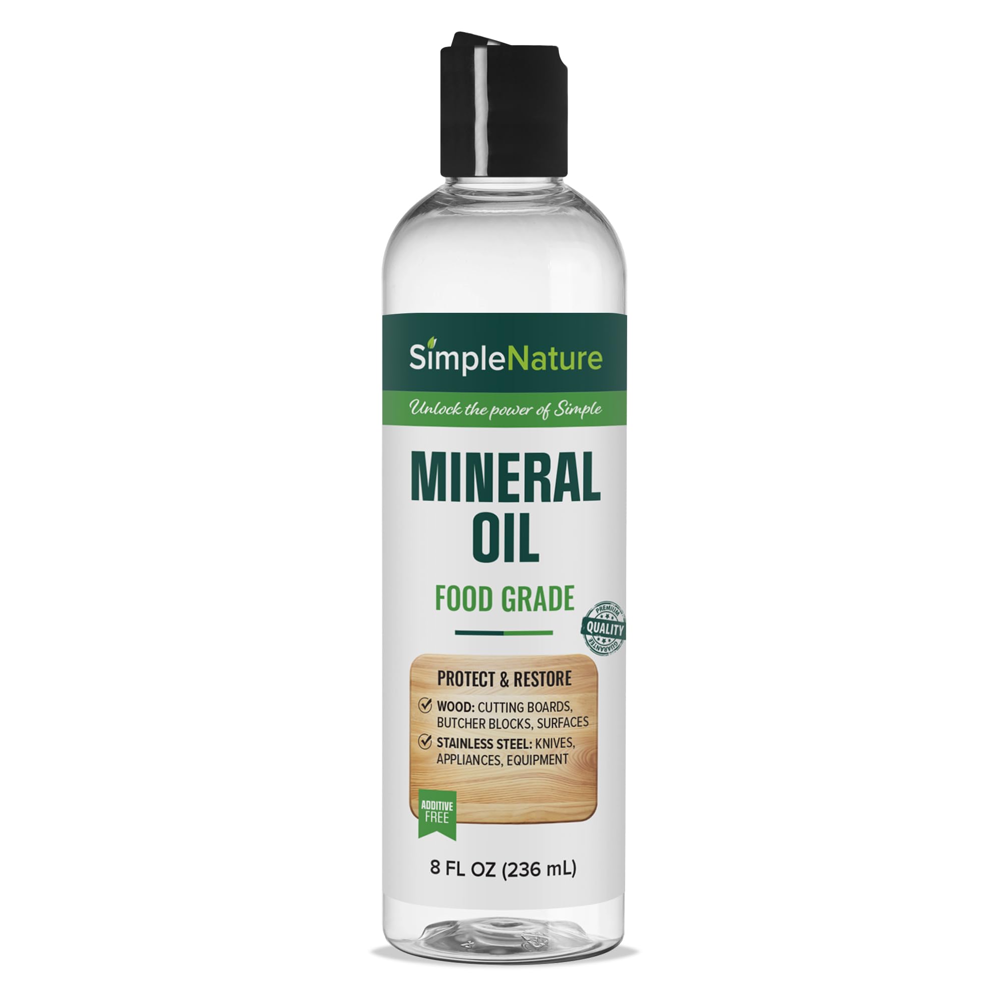 SimpleNature Mineral Oil bottle pour conditions wood surfaces.