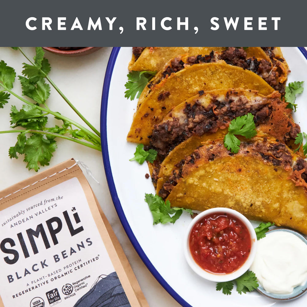 SIMPLi black beans slow-digesting carbs image suggests sustained energy for busy days.