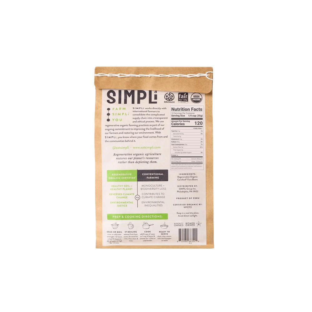 SIMPLI Organic Fava Beans in a creamy dish, ideal for soups, dips, or stews.