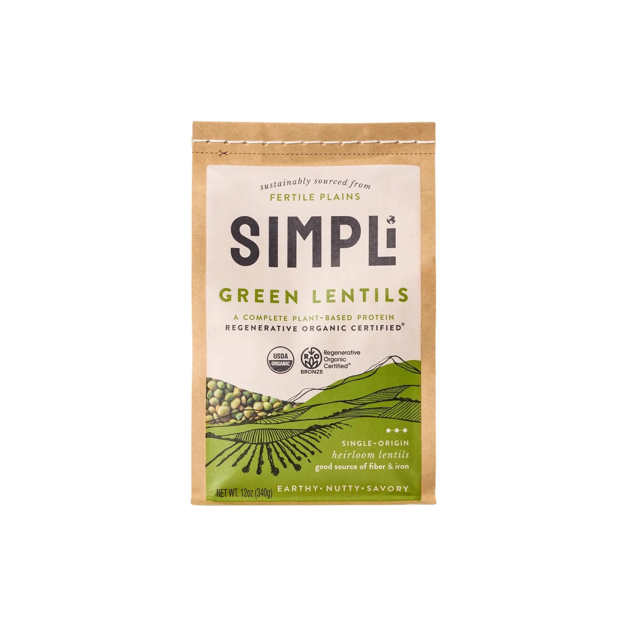 SIMPLI Organic Green Lentils bag on counter; single-ingredient protein base for nutritious meals