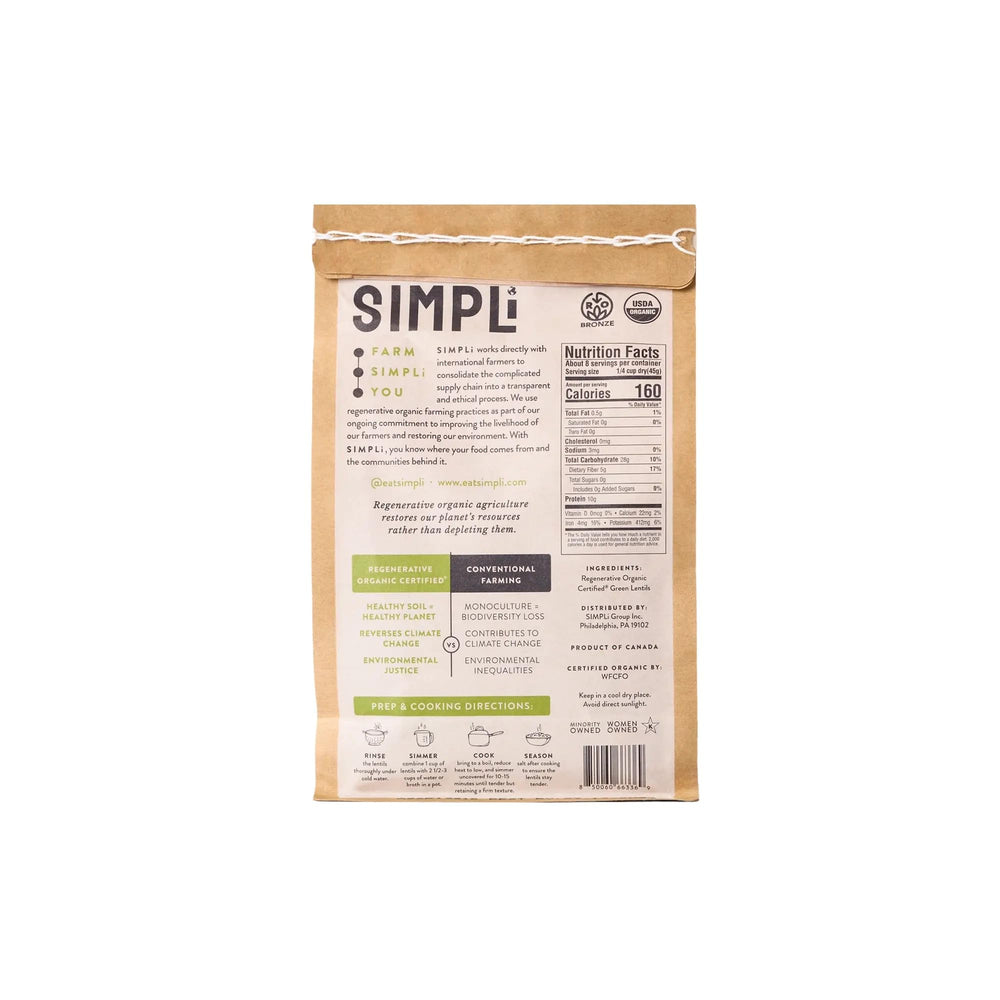 SIMPLI Organic Green Lentils cooked in a bowl, earthy aroma, firm texture for bowls and soups