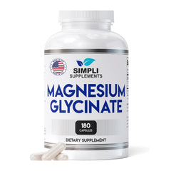 Simpli Supplements Magnesium Glycinate bottle showing 180 capsules, may support daily magnesium needs.
