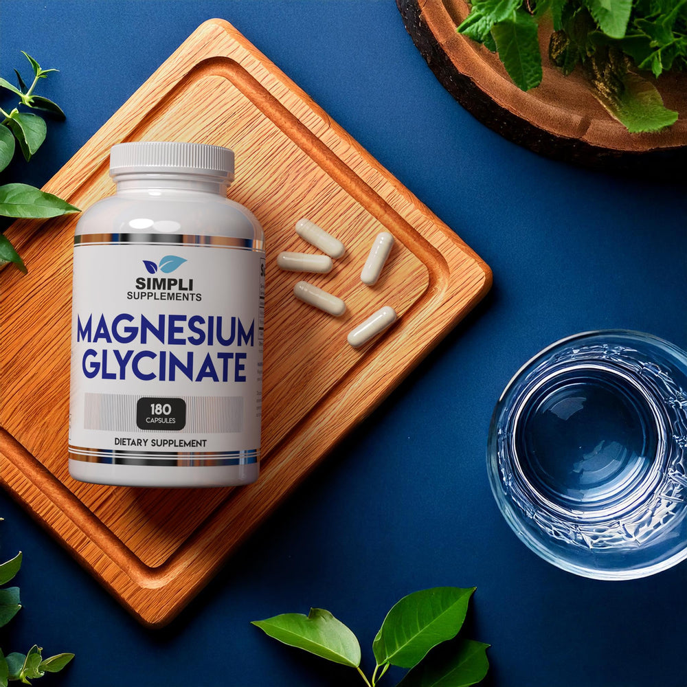 Simpli Magnesium Glycinate bottle on desk may support relaxation.