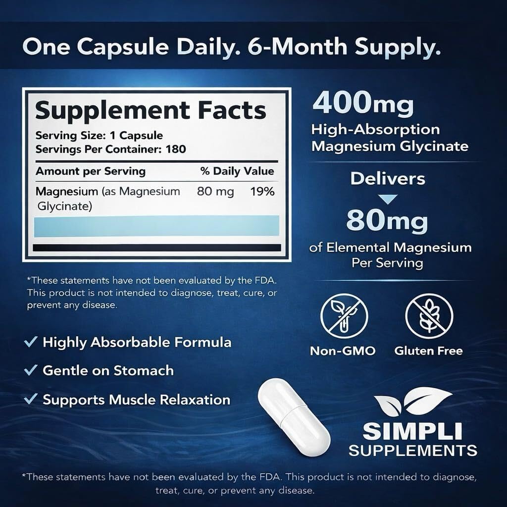 Simpli Magnesium Glycinate label highlights 400 mg per serving and 80 mg elemental magnesium.