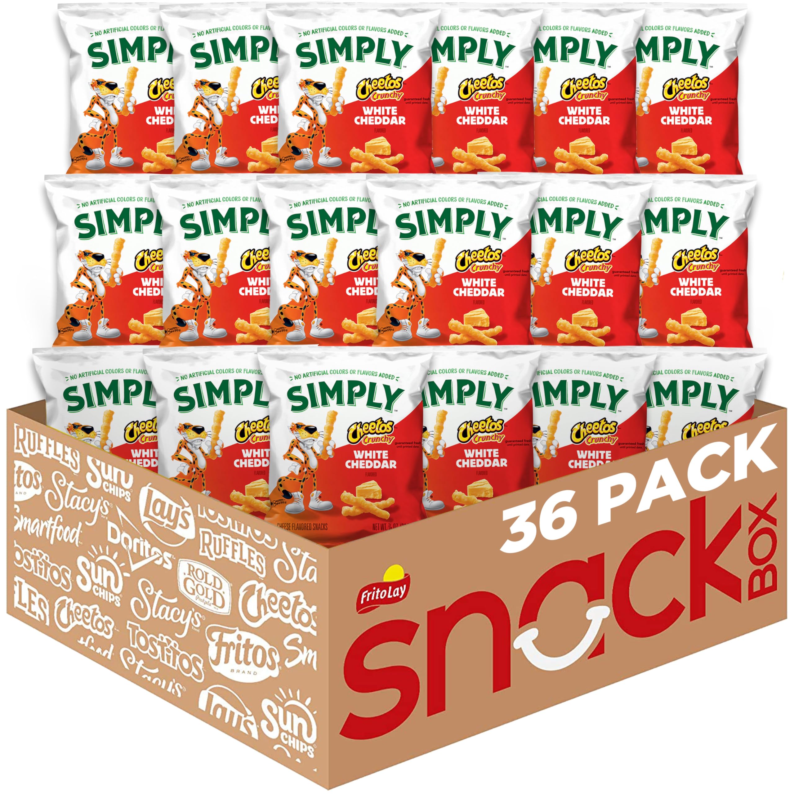 Simply Cheetos Crunchy White Cheddar bags 36-pack ready for sharing at gatherings.