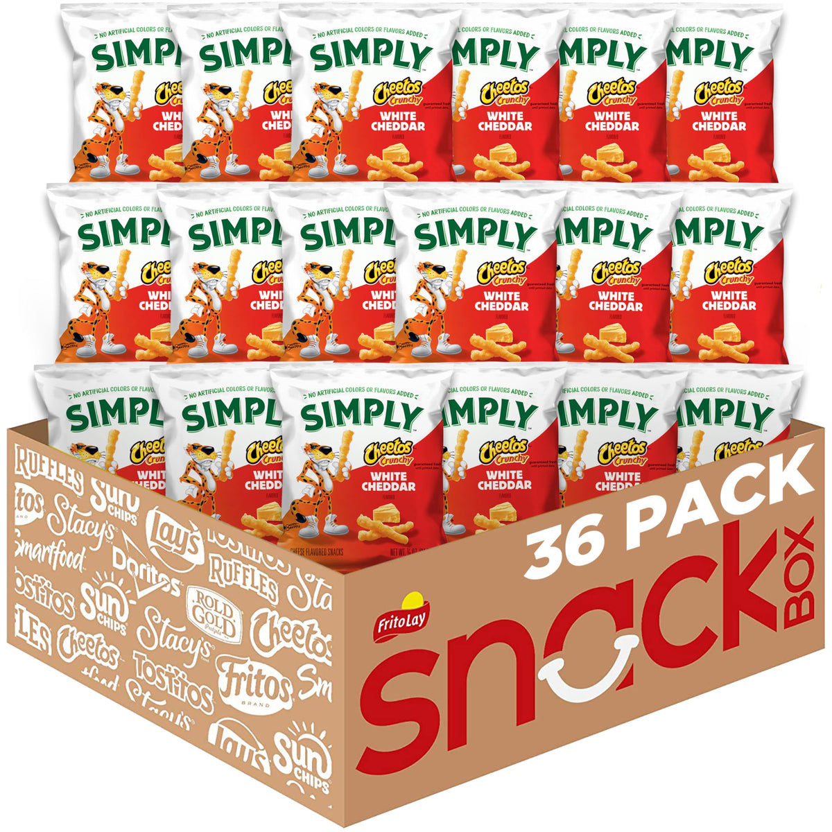 Simply Cheetos Crunchy White Cheddar bags 36-pack ready for sharing at gatherings.