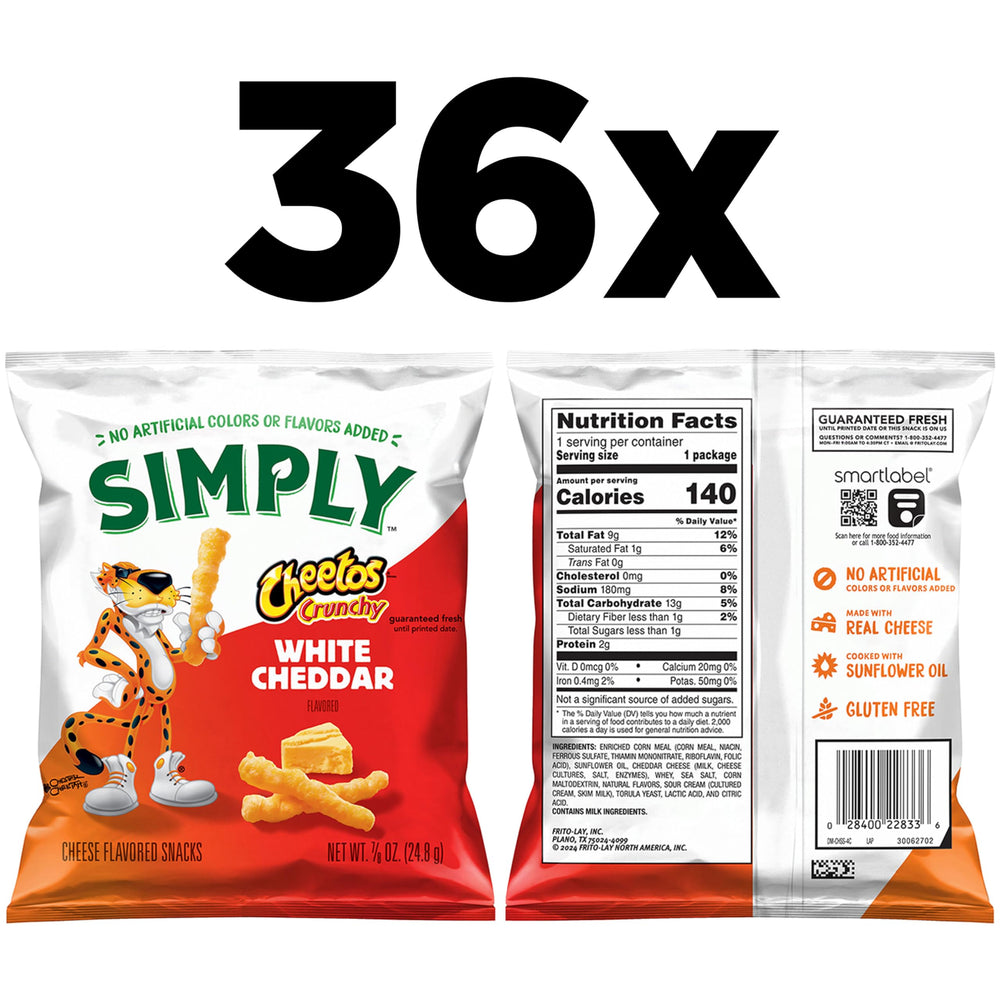 Simply Cheetos Crunchy White Cheddar closeup highlighting bold cheese flavor.