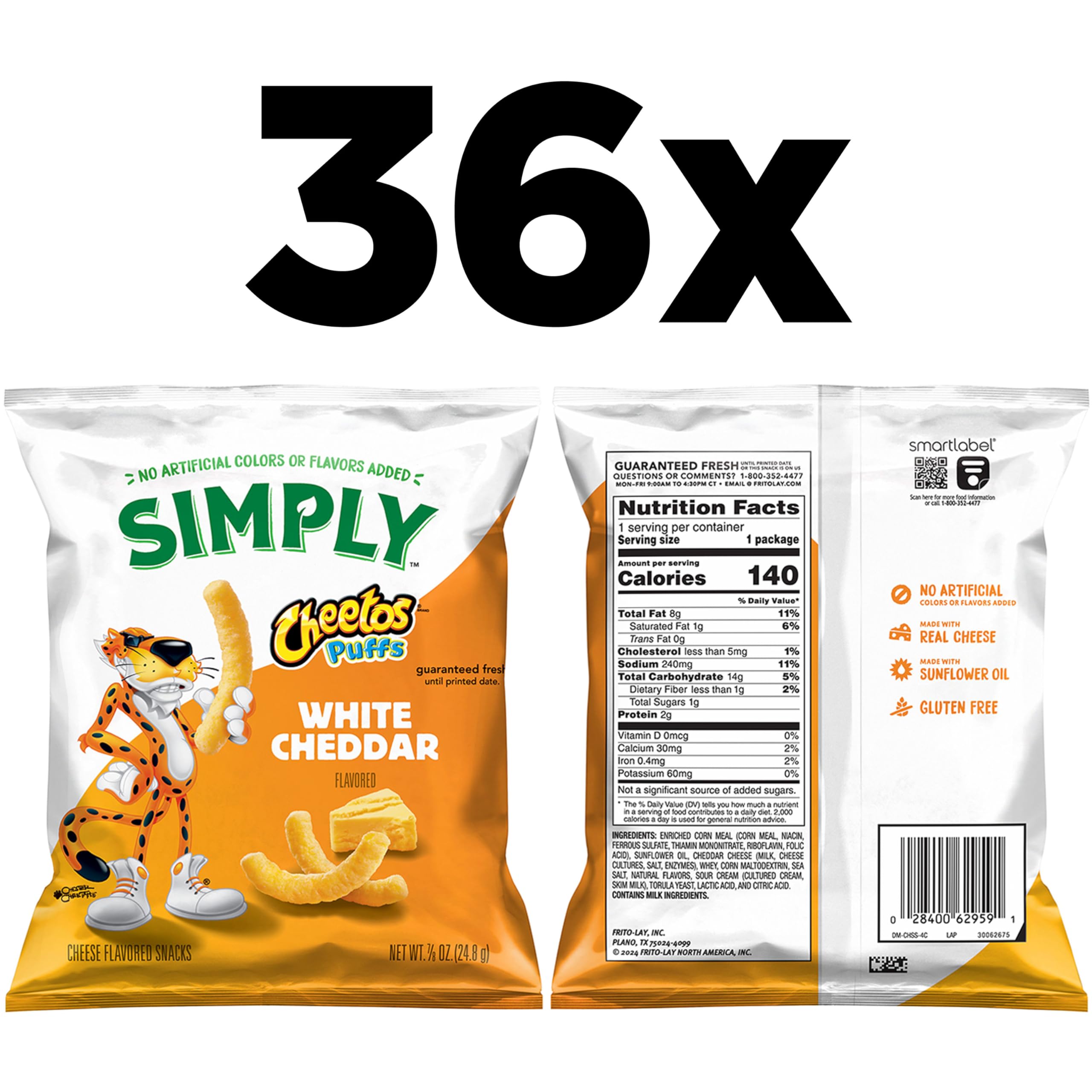 Bundle view of Simply Cheetos White Cheddar puffs showing 36-pack