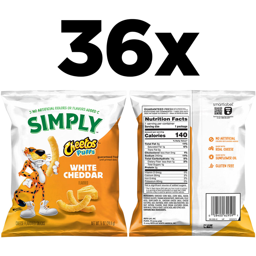 Bundle view of Simply Cheetos White Cheddar puffs showing 36-pack