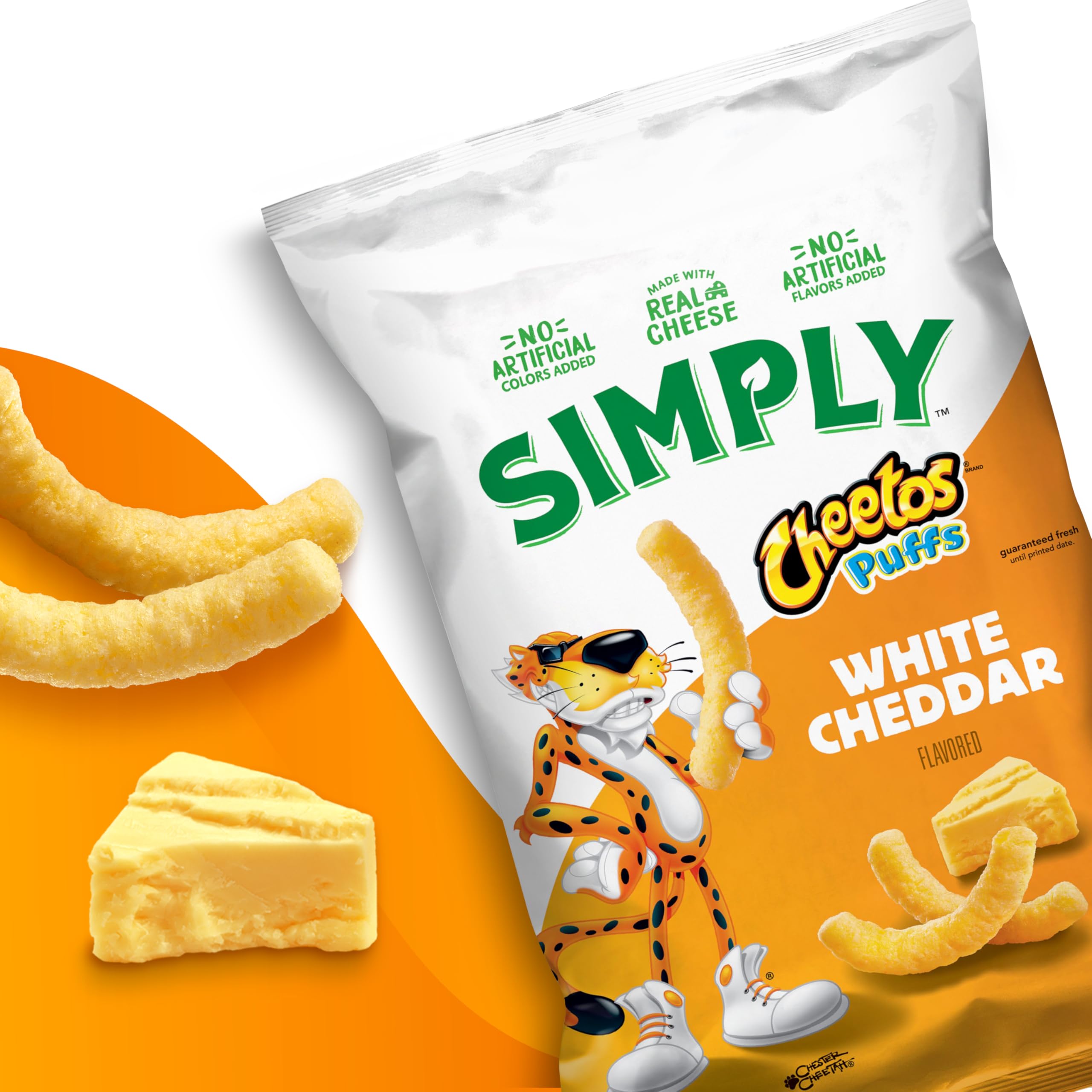 Close-up of the cheesy texture of Simply Cheetos White Cheddar puffs