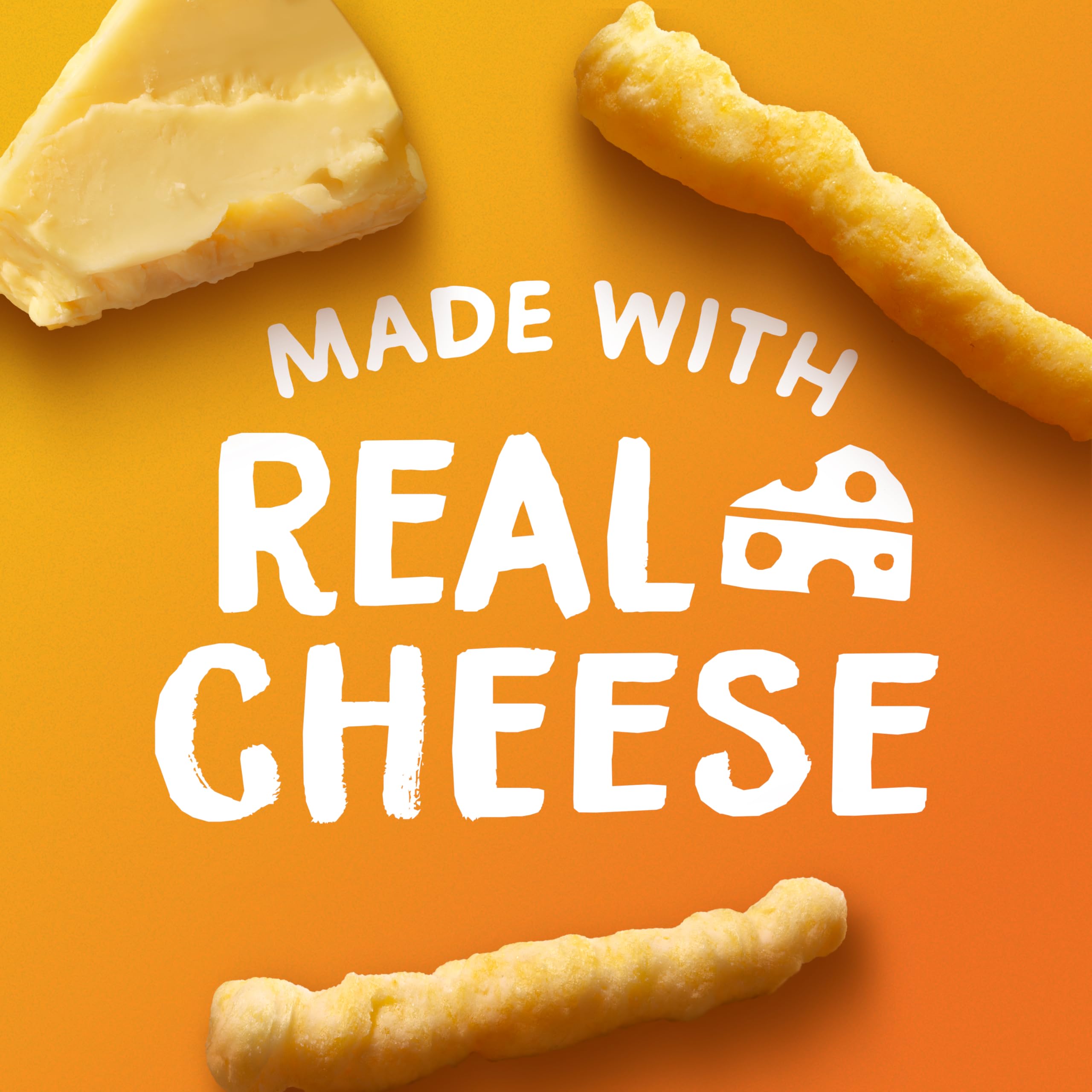 Bag contents view emphasizes variety: crunchy and puffed cheddar snacks.