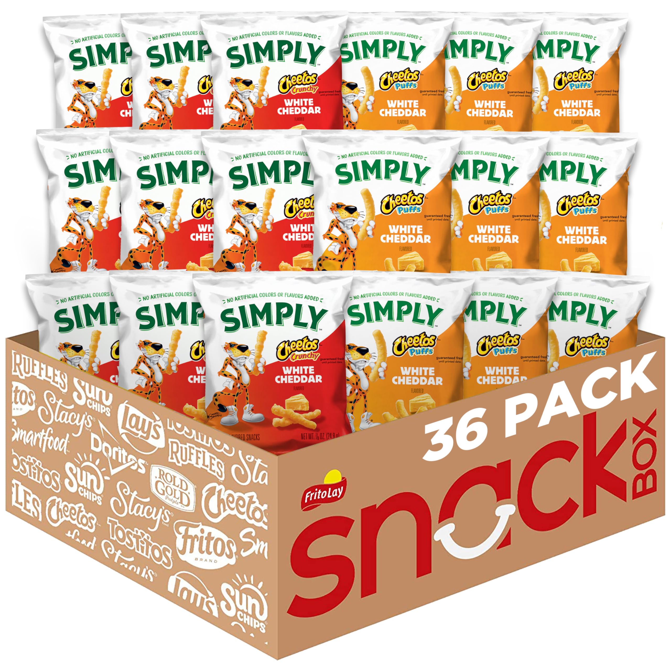 Simply Cheetos White Cheddar Puffs & Crunchy Variety Pack Front shows bold flavor for sharing.