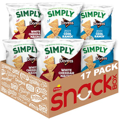 Simply Doritos White Cheddar Nacho bag on display, bold flavor for quick snacking.