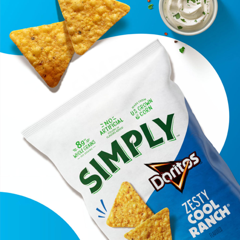 Simply Doritos Zesty Ranch close-up, bold seasoning and crunch.