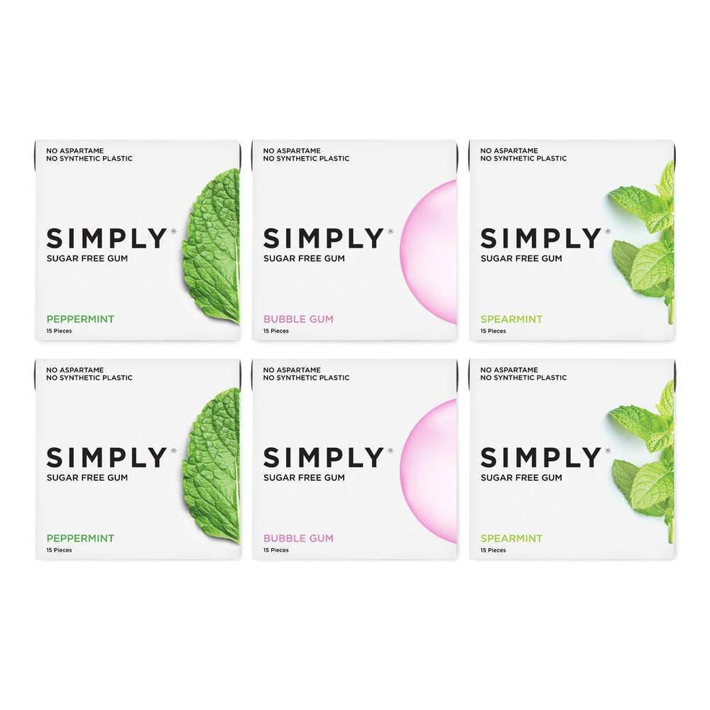 SIMPLY Gum bubblegum variety pack showcases natural chicle chewing with a plastic-free base.