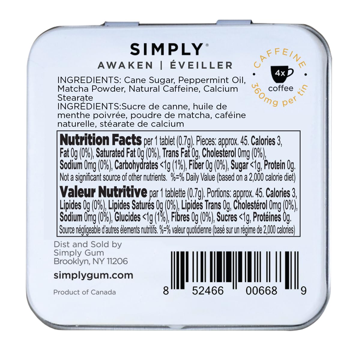 Open tin of Simply Gum caffeinated mints showing mints for on-the-go use