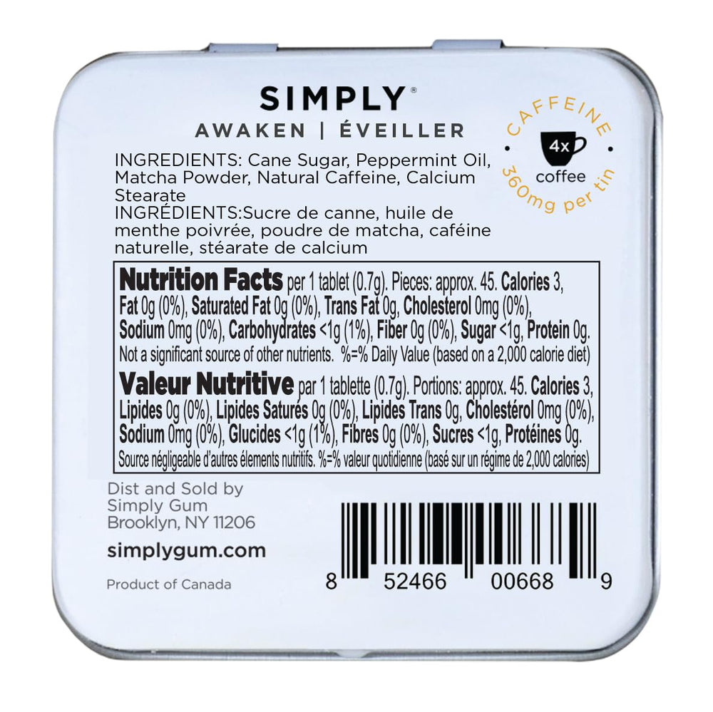 Open tin of Simply Gum caffeinated mints showing mints for on-the-go use