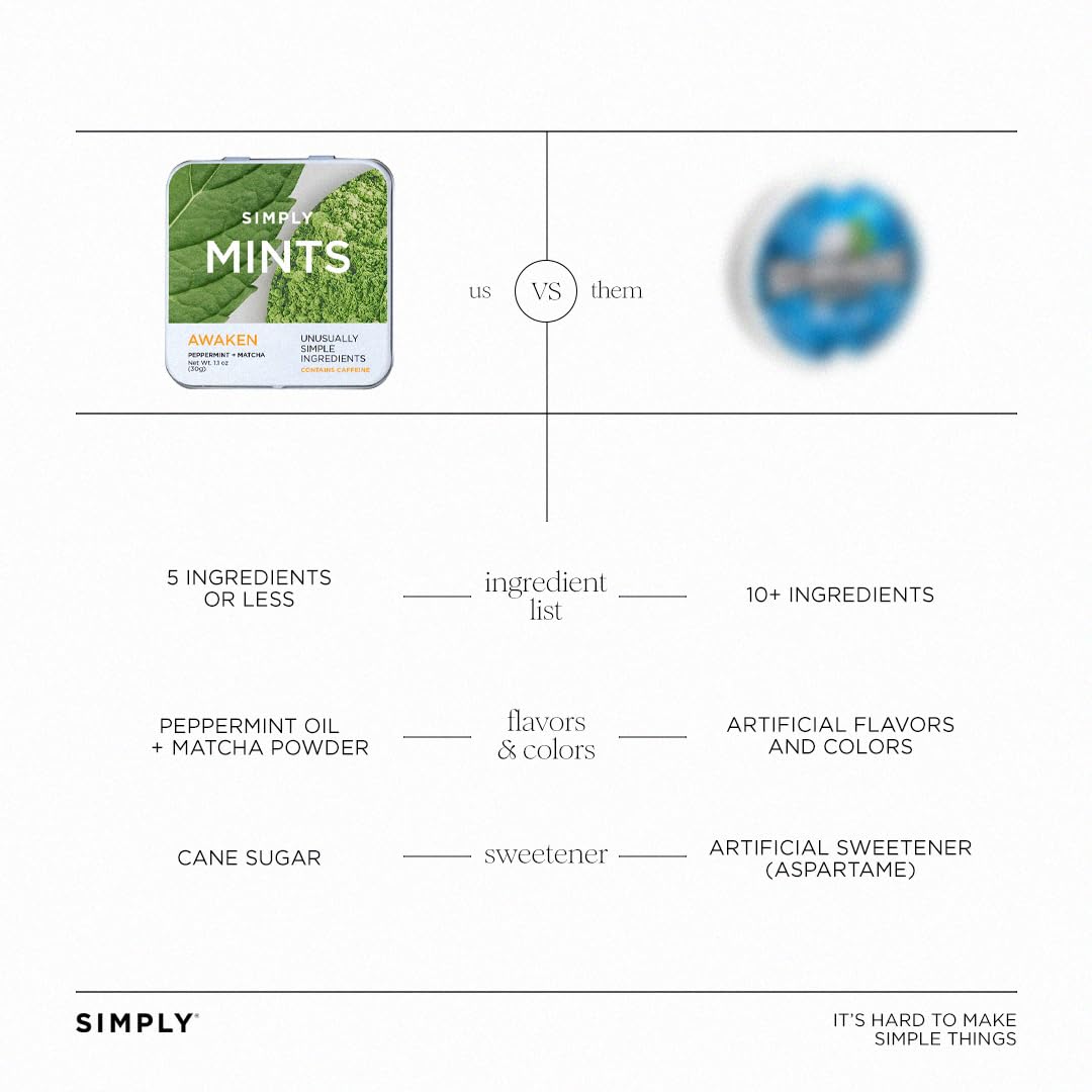 Clear ingredients label on Simply Gum mints emphasizing allergen-friendly formula