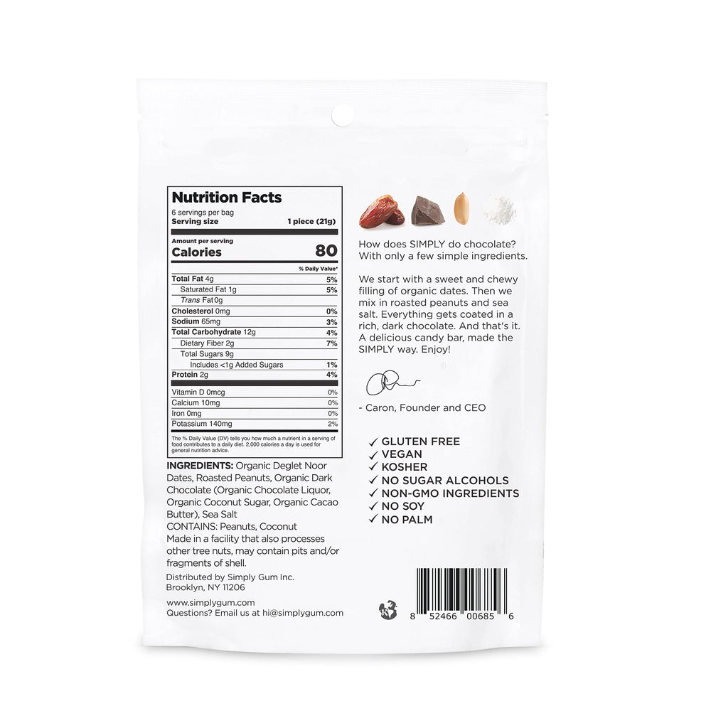 Simply Gum Salted Peanut Date Bars unwrapped reveal rich dark chocolate coating.