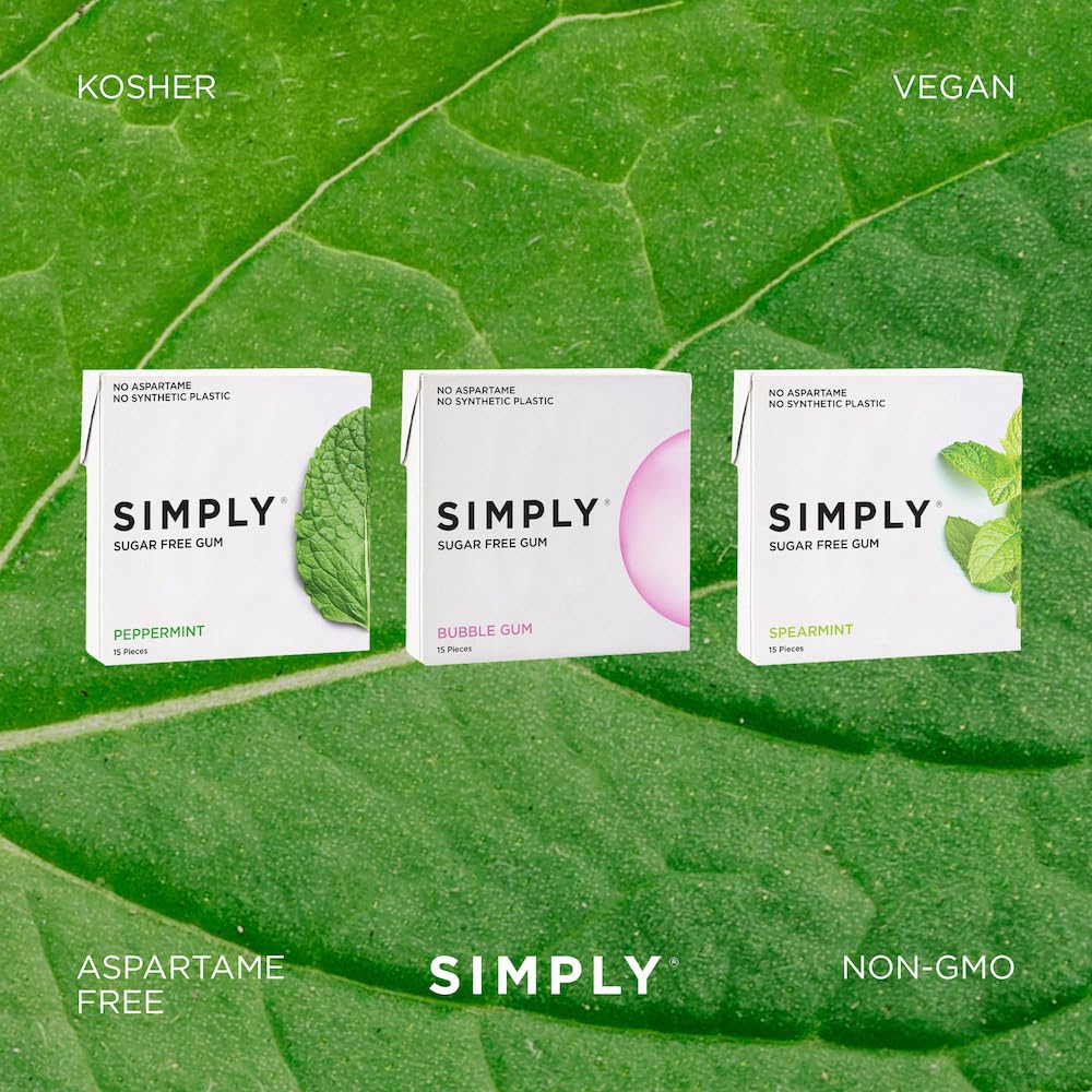 SIMPLY Gum simple ingredients page shows plant-based oils and clean flavor.