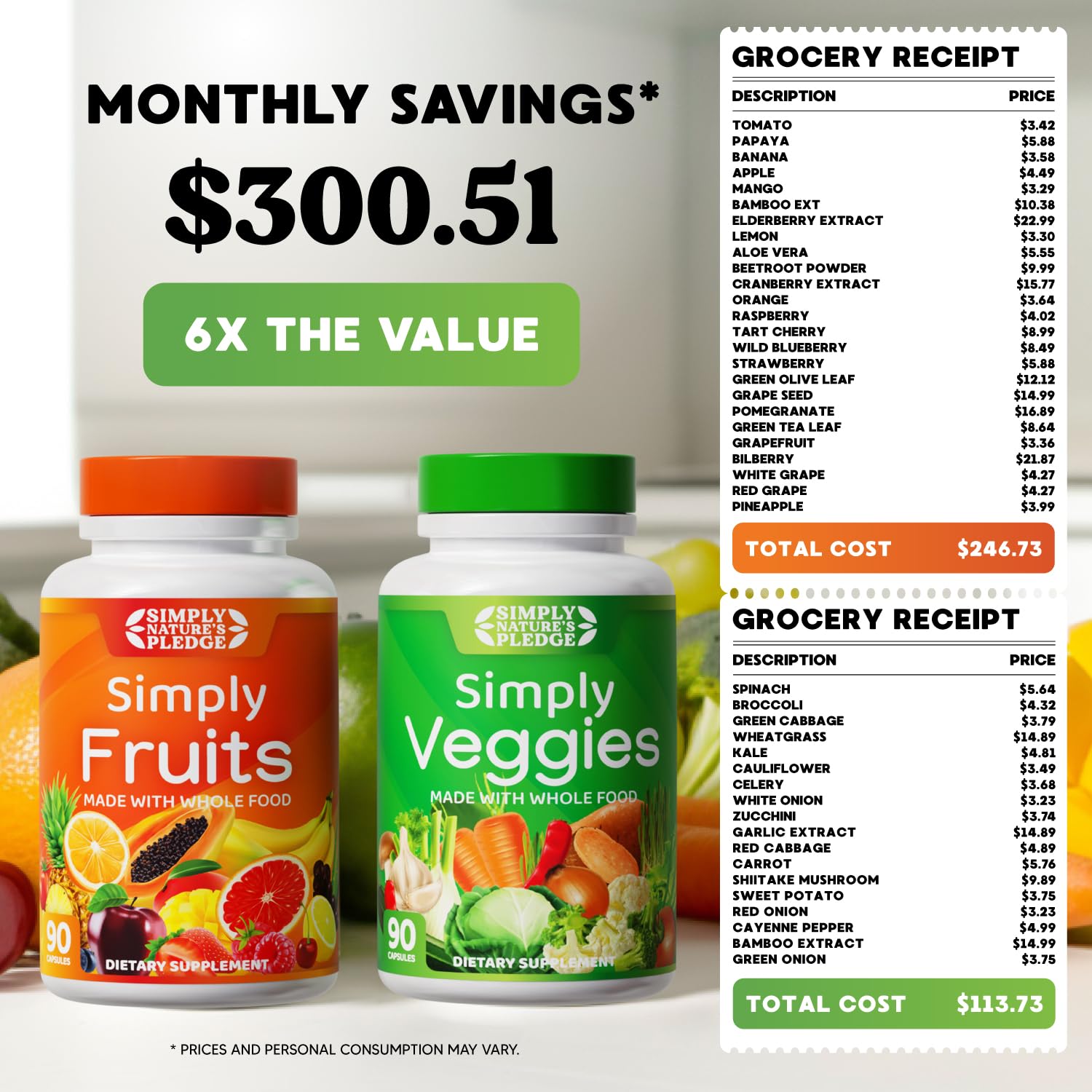 Simply Nature's Pledge bottle with 42+ fruits and vegetables capsules