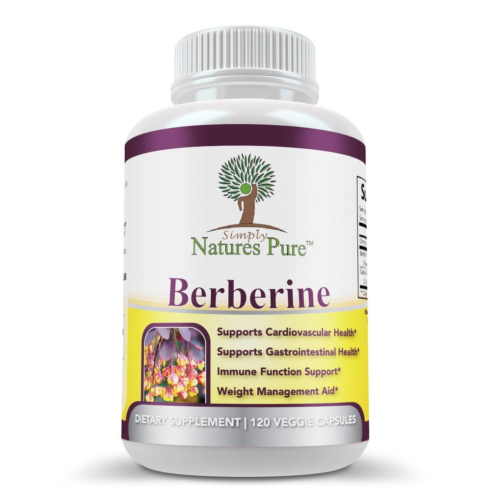 Simply Natures Pure berberine bottle label with 500 mg per capsule for GI and heart support